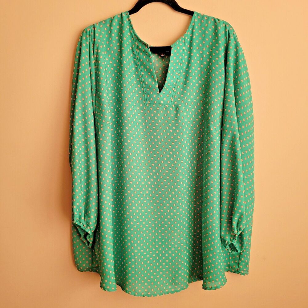 Ryan Wythe Womens Blouse Plus Size 4X Green Yellow Polka Dots Classic V Neck